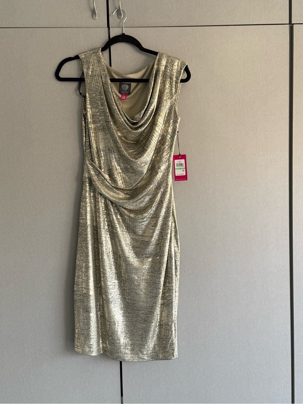 Vince Camuto Metallic Gold Sleeveless Cowl Midi Dress